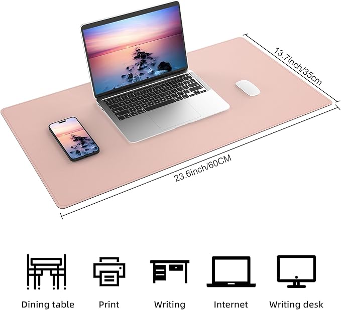AFIING Leather Desk Pad Protector, Large Mouse Pad, Dual-Sided PU Leather & Natural Cork Desk Mat, Non-Slip Waterproof Laptop Desk Blotter for Office and Home, 23.6" x 13.7",Pink