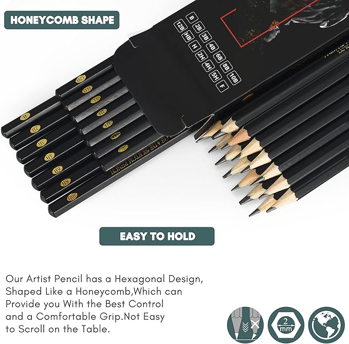 Drawing Pencils Set of 14 (B - 12B) Sketching Pencils for Drawing, Shading & Doodling | Professional Sketch Pencils Graphite Grades for Artists & Beginners
