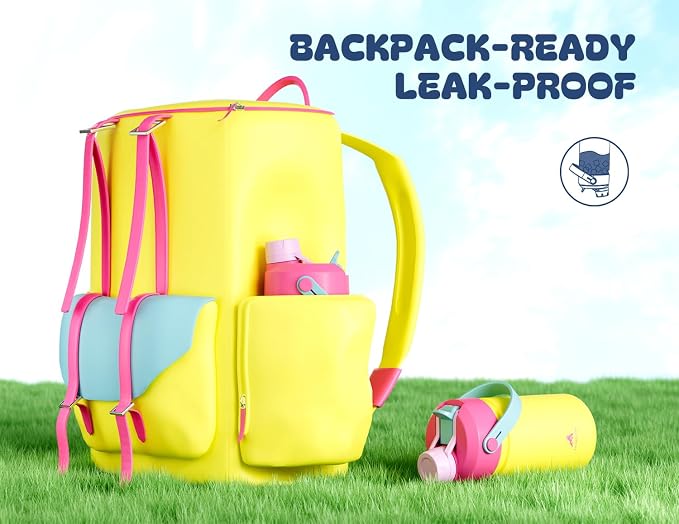 12 oz Kids Insulated Water Bottle for School: 2-in-1 Straw Spout Lid, Leakproof, BPA-Free, Keep Cold 24H, Reusable Stainless Steel Cup for Travel, Camping, Birthday Gift for Boys Girls (Lemon Pop)