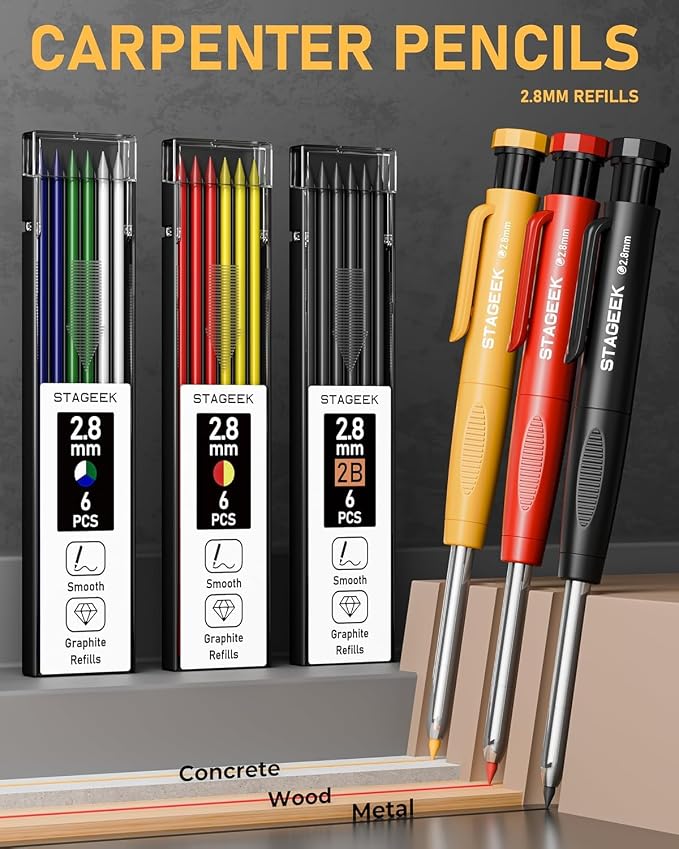 STAGEEK 22 Pack Carpenter Pencil Set with Sharpener | Construction Pencil Set with Deep Hole Long-Nib Markers , Woodworking Tool & Carpenter Pencils for Architect, DIY with Case
