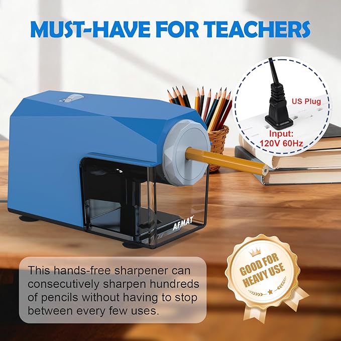 AFMAT Electric Pencil Sharpener, Fast & Hands-Free, 10K+ Uses, 5 Nibs, Fully Automatic Pencil Sharpener for Classroom, Heavy Duty Sharpeners for No.2/Jumbo/Colored Pencils (6.5-10.5mm) US Plug(120V)