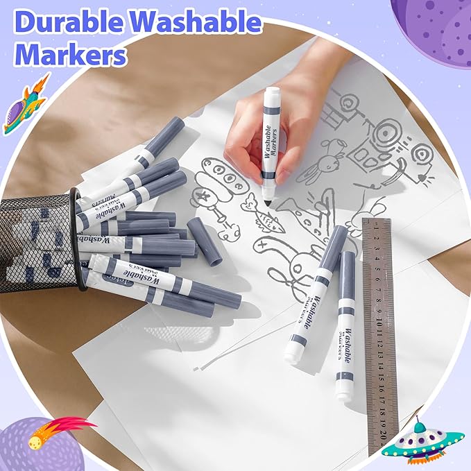 24 Pcs Washable Markers Bulk Broad Line Markers Coloring Conical Tip Large pens for Kids art projects, Teachers, Students, Toddlers, Party Favors, Classrooms, Donations(Gray)