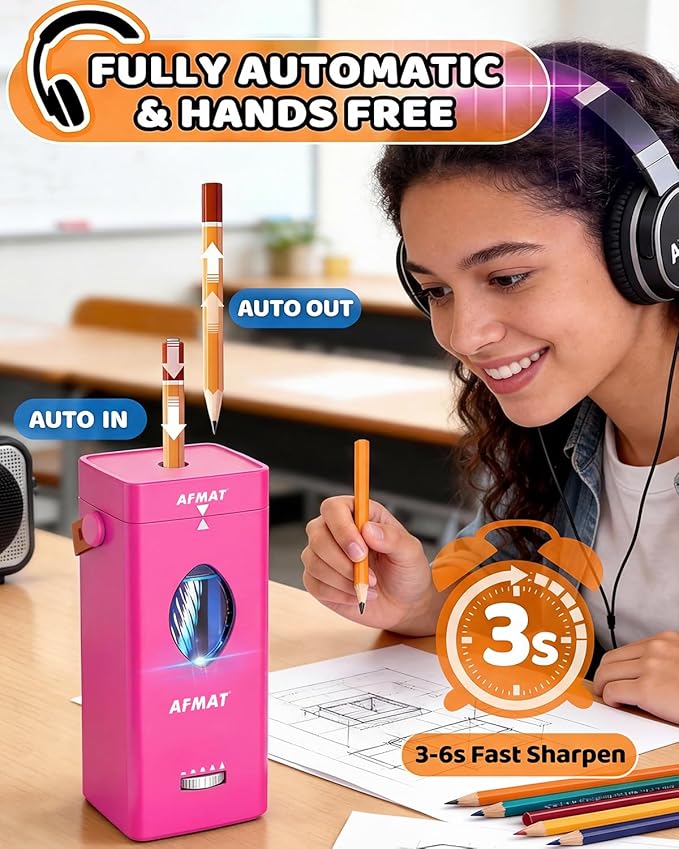 AFMAT Electric Pencil Sharpener, Fully Automatic Pencil Sharpener for 6-12mm No.2/Jumbo Pencils, Auto in & Out, 5 Sharpness Modes, Rechargeable Heavy Duty Sharpeners for Classroom/Home/Office PSC7