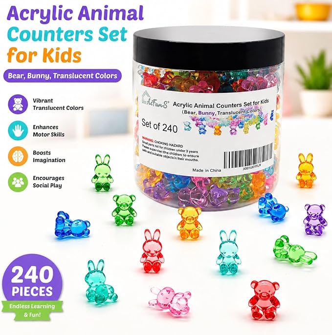Counting Bears and Bunnies,240 Pieces Counter Toys for Kids - Fun Educational Math Manipulatives with Storage Box for Counting & Learning