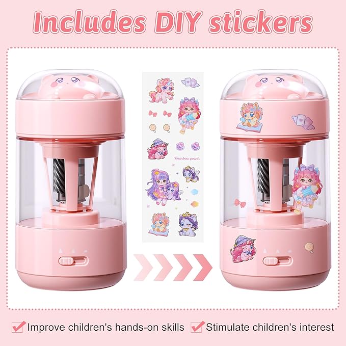 Rechargeable Automatic Electric Pencil Sharpener, Auto in & Out 3 Adjustable Thickness, Type-C Charging, Cute DIY Stickers, for 6-8mm Pencils, 3s Fast Sharpening, Ideal for School & Home (Pink)