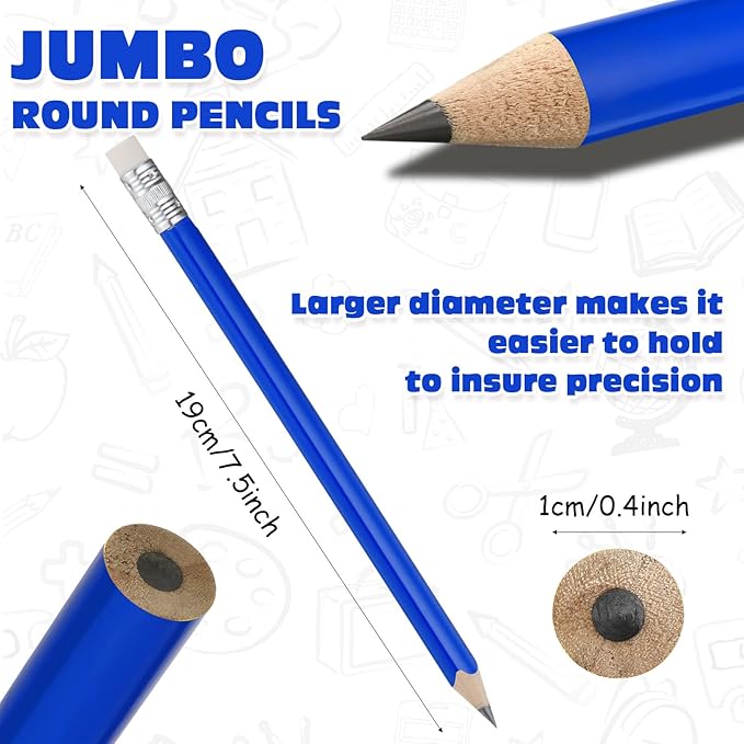Fainne 48 Pcs Fat Pencils Jumbo Big Thick Large Pencils and 3 Pieces Sharpeners for Kids Beginners Preschoolers Kindergarten School Office Supplies (Blue+silver,Round)