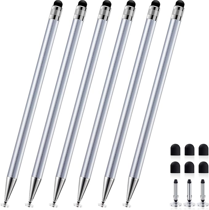 ChaoQ 2-in-1 Stylus Pen for Touchscreen, 6pcs High Sensitivity and Precision Stylus Pens for iPad iPhone Android Suitable for All Touch Screens (Silver)