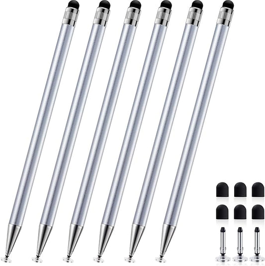 ChaoQ 2-in-1 Stylus Pen for Touchscreen, 6pcs High Sensitivity and Precision Stylus Pens for iPad iPhone Android Suitable for All Touch Screens (Silver)