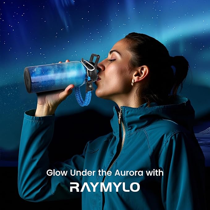 RAYMYLO Insulated Water Bottle 32 oz, Triple Wall Vacuum Stainless Steel (Cold for 24Hrs, Hot for 12Hrs), Leak Proof & Non-BPA, Modern Water Flask Jug with Paracord Handle & Straw Spout Lids
