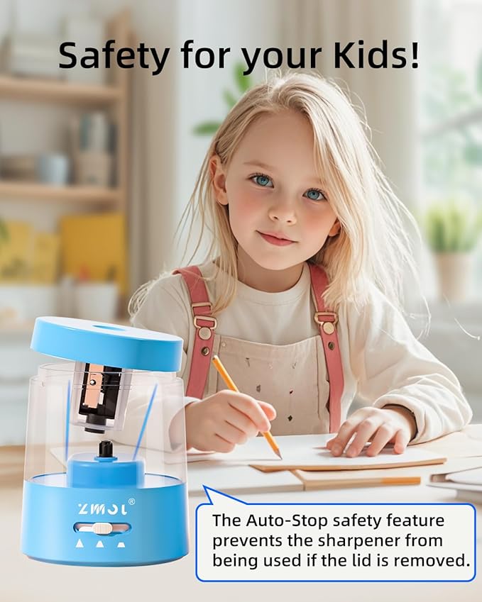 ZMOL Colored Pencil Electric Sharpener, Auto Stop, Plug-in Small Electric Sharpener Battery Powered for 6-8mm No. 2 Pencils Blue
