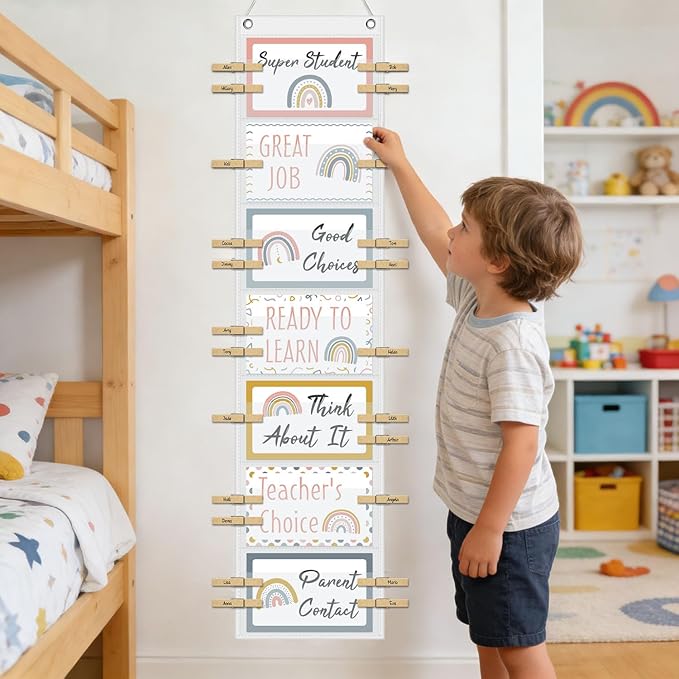 Student Behavior Clip Chart for Classroom Management Kids,Reward Chart for Kids Hanging Bulletin Board Teacher Supplies for School Preschoo (White)