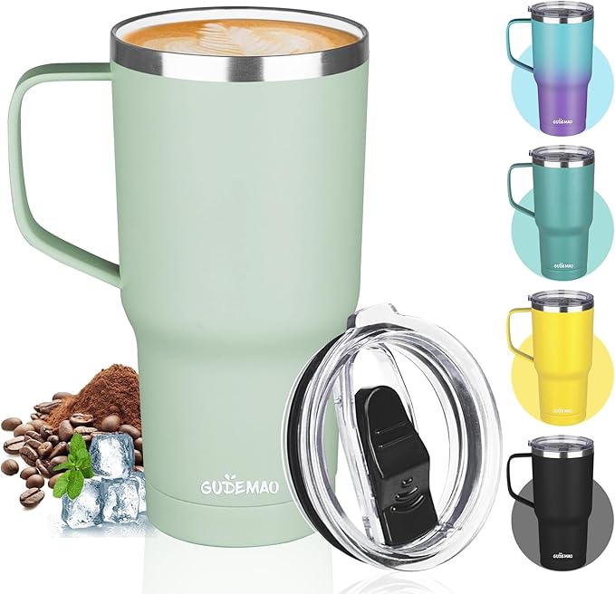 20 oz Insulated Coffee Mug with Ceramic Coating, Stainless Steel Travel Mug Tumbler with Handle Lid and Straw, Double Wall Leak-Proof Coffee Travel Mug Keeps Drink Hot and Cold (Matcha)