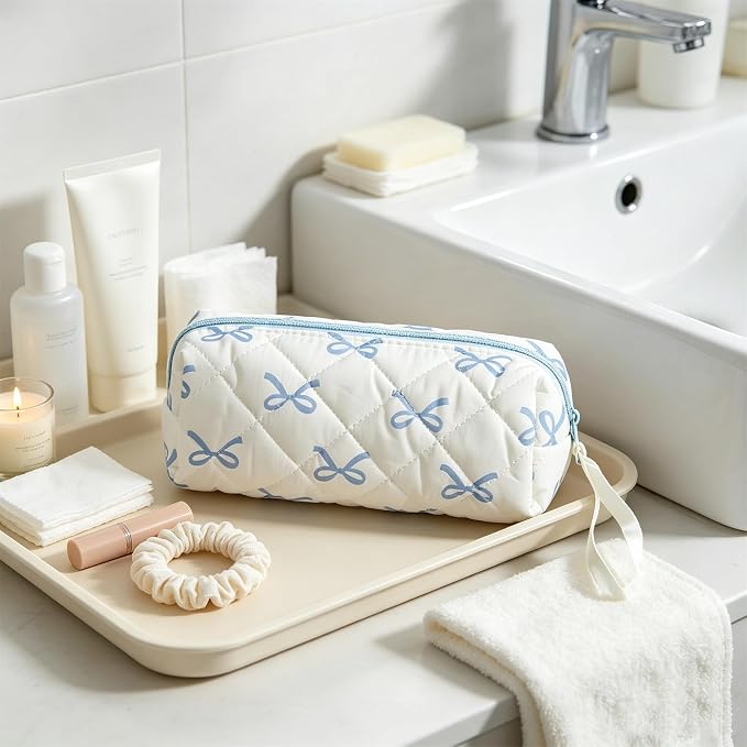 Quilted Bow Pencil Case, Large Capacity Coquette Stationery Bag | Soft Cotton Storage Bag Aesthetic Cosmetic Pouch for Brushes Pencils and Travel Make Up Accessories for Women and Girls