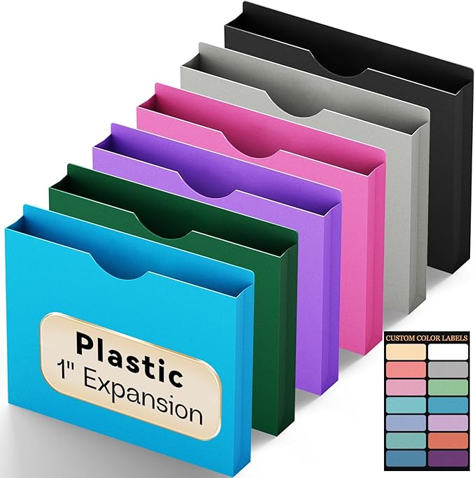 Plastic Expanding File Jacket Letter Size,1 Inch Reinforced Expandable Sides Manila Folders,8.5x11 Job Folders File Jackets,12 Pack Colored Project File Pockets with Straight-Cut Tabs