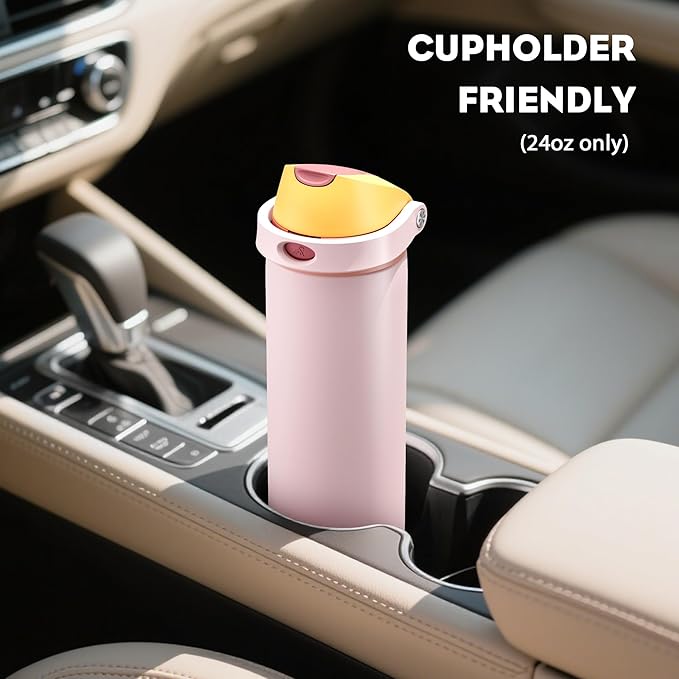 POWCAN 24 oz Insulated Water Bottle with Straw: 2-in-1 Push-Button Spout & Quick-Flip Straw, Leakproof, Cold 24Hrs, Fits Car Cup Holder, Stainless Sports Bottle for Gym, Travel Gift (Peach Store)