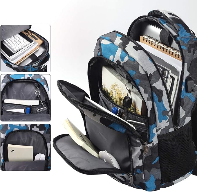 School Backpack for Teen Boys,Bookbag for High School College Backpack with USB,Camouflaged Blue