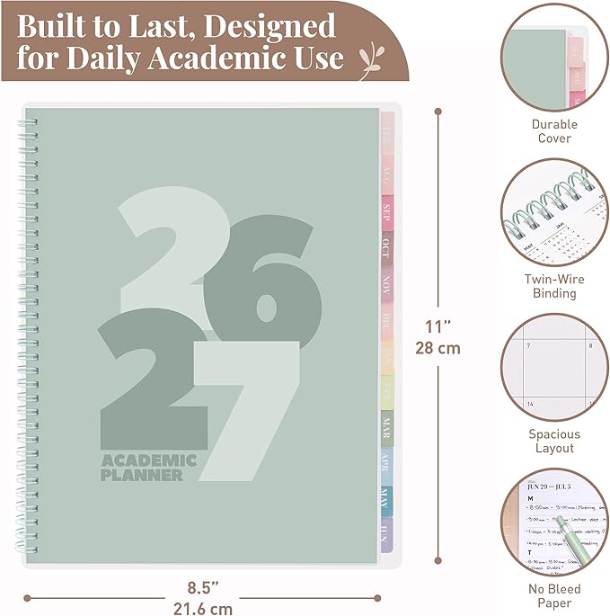 Rileys Academic Planner 2026-2027, Daily, Weekly & Monthly Planner, July 2026 - June 2027, Student Notes Pages, Twin-Wire Binding, Weekly Agenda for School & Work (8.5 x 11-Inches, Chunky, Green)