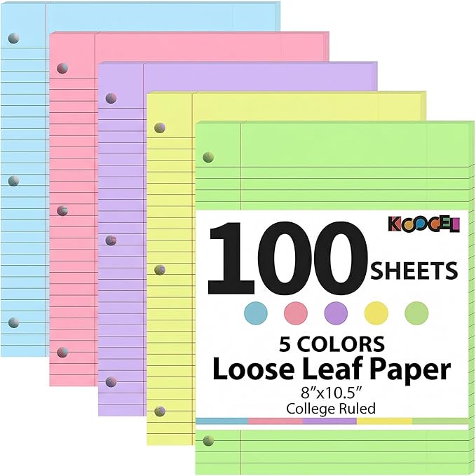 Koogel 100 Sheets Loose Leaf Notebook Paper – 5-Color College Ruled, 3-Hole Punch, 8 x 10.5 Inch for School, Office & Travel Notes