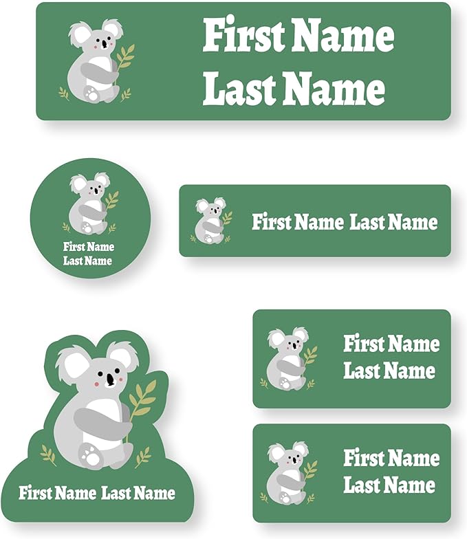 Personalized Kids Name Labels – Waterproof Custom Stickers for Daycare & School, Dishwasher & Laundry Safe (Koala - Green)
