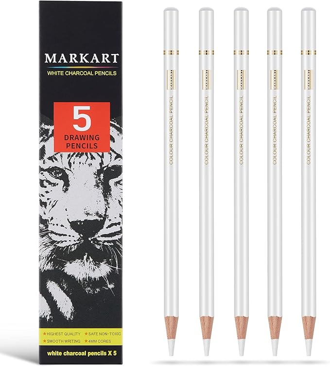 MARKART Professional White Charcoal Pencils Set, 5 Pieces Sketch Highlight Charcoal Pencils for Drawing, Sketching, Shading, Blending, White Chalk Pencils for Beginners & Artists