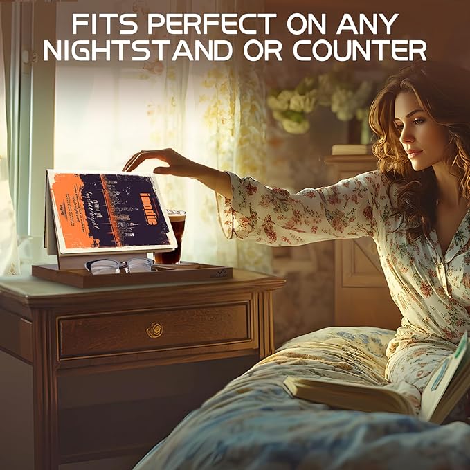 Acacia Book Nook Reading Valet Stand, Wooden Book Stand for Reading Rest, Triangle Books Holder with Cup, Pen, Phone & Earphone Holder, for Nightstand Bedside Desk Library and Book Lover Gifts