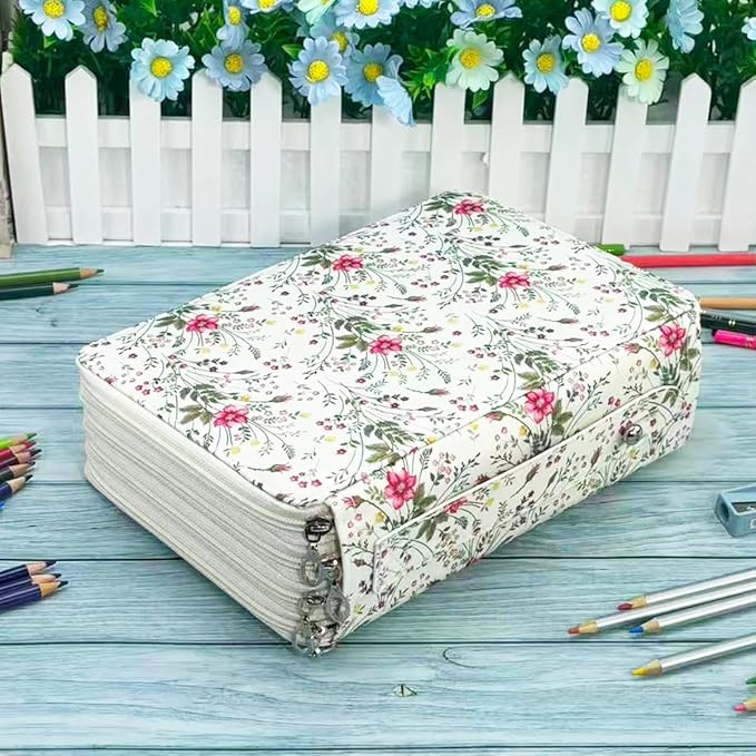 YOUNGCOL 200 Slots Colored Pencil Case Color Pencil Organizer Storage Large Capacity Pencil Case (White + Floral)