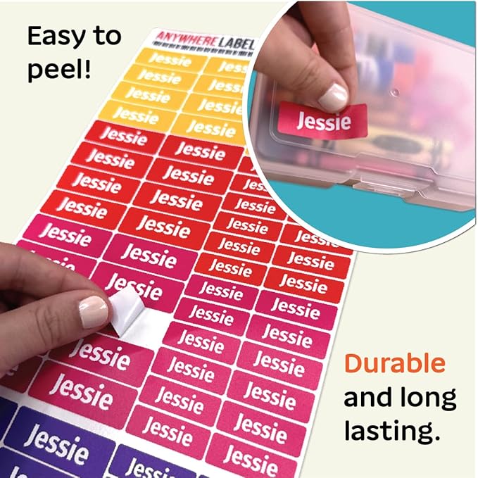 Kids Personalized Name Labels for School, Camp, Daycare (128 Labels) Custom Peel and Stick Waterproof Name Tags Stickers for Water Bottles, Lunch Boxes, Clothing, School Supplies (Hot Colors)