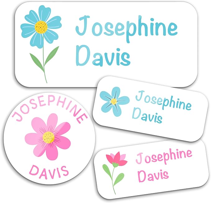 Personalized Waterproof Name Labels for Kids | Optional Packs 50, 150, 230 Labels | Custom Name Stickers for Kids' Clothing Tag, Water Bottle, Lunch Box, Customize Kid Name Label for Daycare Flowers