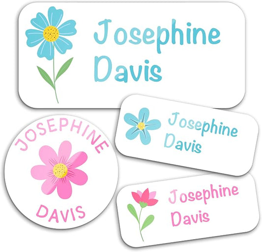 Personalized Waterproof Name Labels for Kids | Optional Packs 50, 150, 230 Labels | Custom Name Stickers for Kids' Clothing Tag, Water Bottle, Lunch Box, Customize Kid Name Label for Daycare Flowers