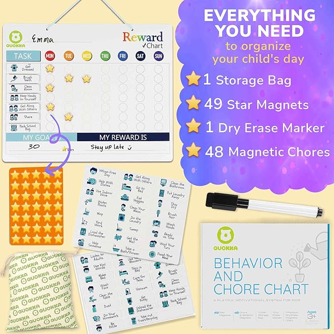 QUOKKA Magnetic Chore Chart for Kids - Reward Behavior Chart for Kids at Home - Dry and Erase Routine and Responsibility Schedule Board - Sticker Toddler List with 48 Magnets & 49 Stars