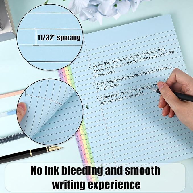 Koogel Wide Ruled Loose Leaf Paper, 8 x 10.5 Inch Filler Notebook Lined Paper, 5 Color, 3 Hole Punch Lined Writing Notebook for 3 Ring Binders for College Essentials School Office Supplies, 300 Sheets