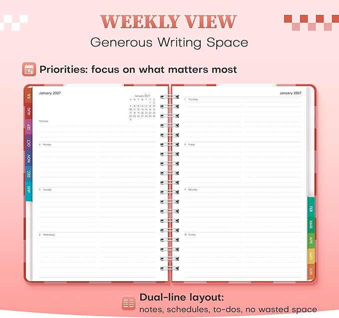 Planner 2026-2027 Monthly and Weekly Academic Planner July 2026 - June 2027, Hardcover Calendar 2026-2027 Agenda Daily Planner for Student Teacher School Office Supplies, 7.4" x 10.2", Pink Checkered