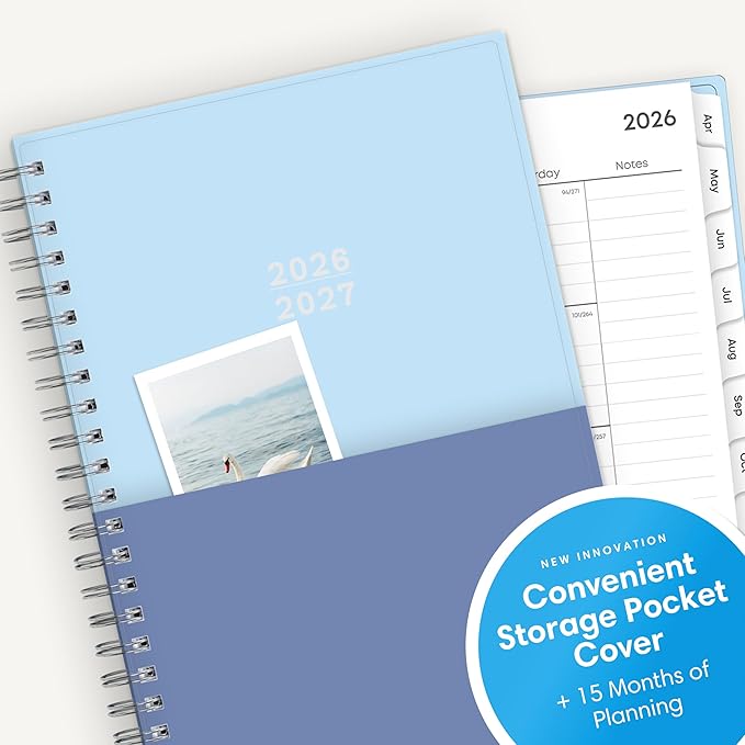 Blue Sky 2026-2027 Weekly and Monthly Academic Year 15 Month Planner Calendar, April 2026 - June 2027, 5" x 8", Flexible Cover With Pockets, Wirebound, Storage Pocket, Blues