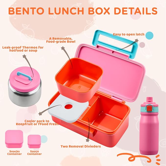 MAISON HUIS Bento Box for Kids with 8oz Soup Thermo, Insulated Lunch Bag & 17oz Water Bottle, 2-Compartment Bento Box with Built-In Ice Pack, Leak-Proof & BPA-Free (Pink)