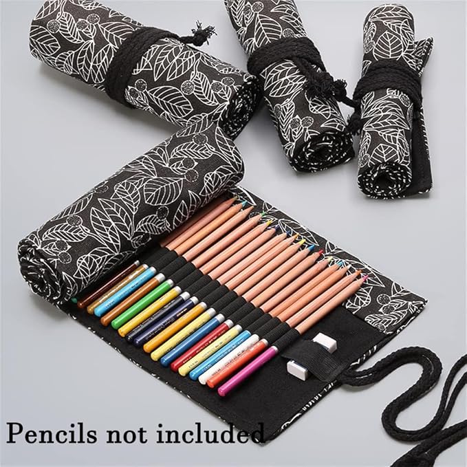 DIYOMR 24/36/72 Slots Pencil Wrap Pencil Rolls, Artist Colored Pencils Roll Up Bag Short Brushes Pouch Case Pencils Organizer for Drawing Coloring and Sketching (Black Leaves, 72slots)