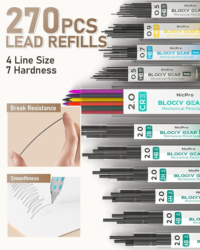 Nicpro 36PCS Blocky Gear Art Mechanical Pencil Set with Case | Metal Mechanical Pencils 0.5/0.7/0.9/2mm Lead Holder for Drawing Sketching with 20 Tubes (6B 4B 2B HB 2H 4H Colors) Refills