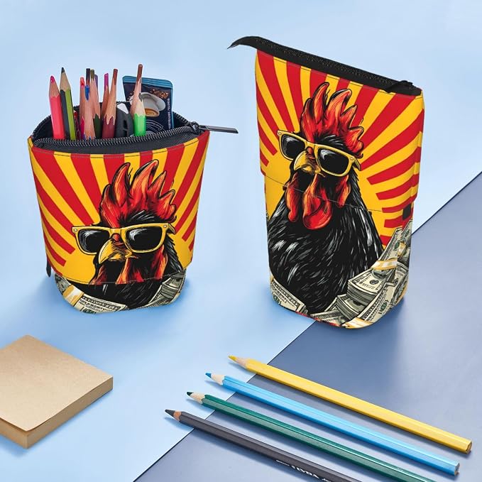 Funny Rooster Kids Standing Pencil Case Girls Boys Telescopic Stationary Pouch with Zipper Large Capacity Stand up Pen Bag Portable Makeup Holder for Children School Students Office Supplies