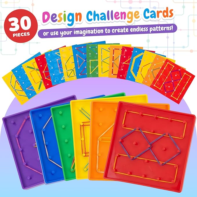 6 Pack Double-Sided Geoboard Mathematical Manipulative Material Array Block Geo Board, Educational Toy for Kids with Rubber Bands and 15pcs Pattern Card, STEM Shape Puzzle Brain Teaser Toy, 5x5 Inch