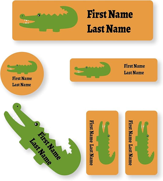 Personalized Kids Name Labels – Waterproof Custom Stickers for Daycare & School, Dishwasher & Laundry Safe (Crocodile - Orange)