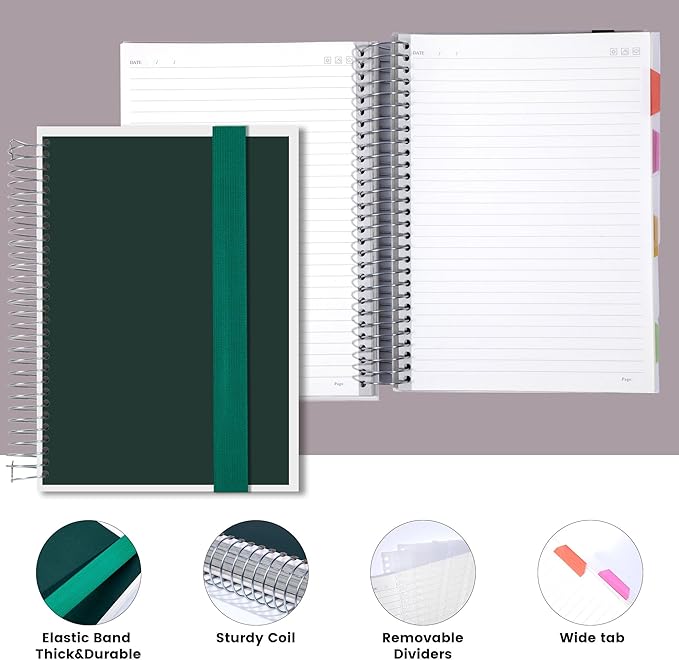 Yoment 5 Subject Notebook College Ruled, 300 Pages Spiral Notebook with Removable Divider Tabs，Hardcover 8 x 10 Inches College Ruled Journal 1 Inner Pocket for School College Work Office Home,Green