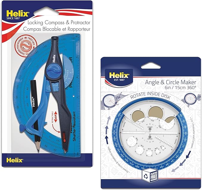 Helix Geometry Tool Set – Locking Compass, Protractor, and 360° Angle & Circle Maker with Integrated Templates – Precision Drawing & Measuring Kit for Students and Professionals
