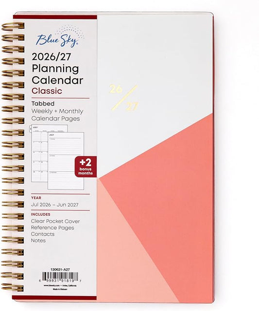 Blue Sky 2026-2027 Weekly and Monthly Academic Year Planner Calendar, July 2026 - June 2027, 5" x 8", Clear Pocket Cover, Wirebound, Laminated Tabs, Cali Pink