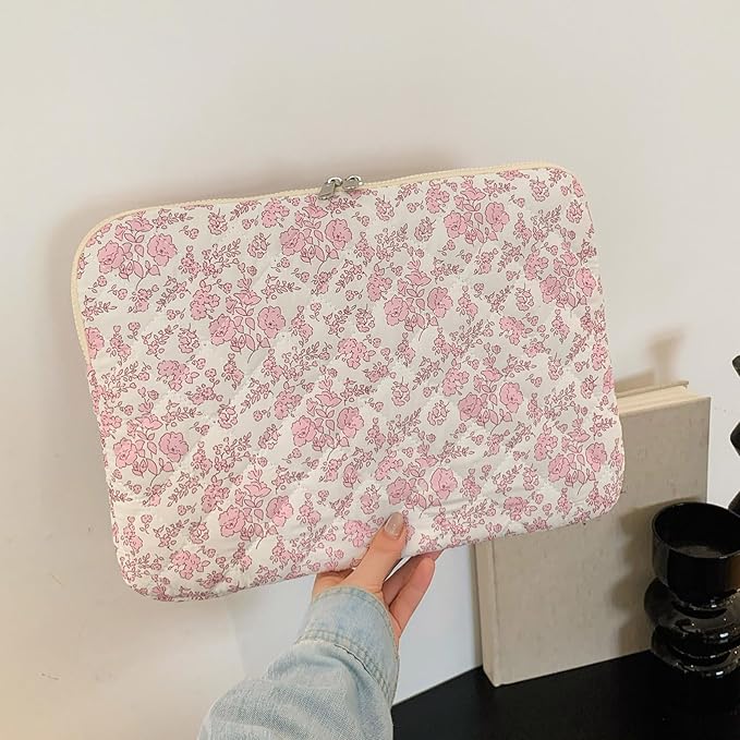 Puffy Laptop Sleeve 13-15.6 Inch Cute Quilted Laptop Protective Case Padded Floral Computer Sleeve for MacBook (B-Pink Floral, 15 Inch)