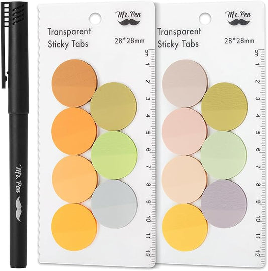 Mr. Pen- Round Transparent Sticky Notes, 1.1” Diameter, 14 Pads, 560 Sheets, Colorful, Water-Resistant See-Through Sticky Notes & Fineliner, Smooth Writing, Note Tabs for Bible Journaling, Studying