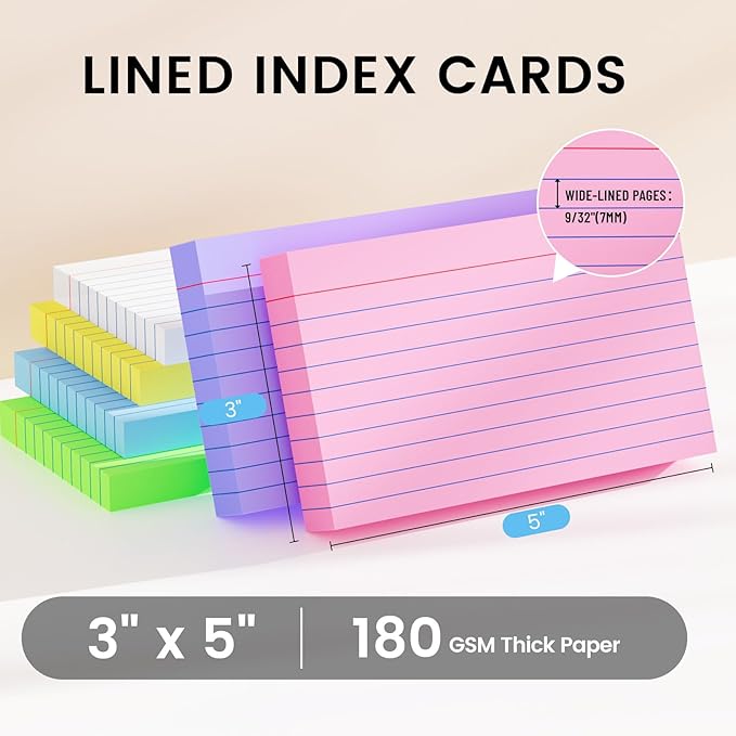 Index Cards 3x5 Inch, 300sheets, Flash Cards, Ruled Lined Colored Note Cards Paper For Studying, Schools Supplies, College, Office And Home Organization, Note Taking Supplies