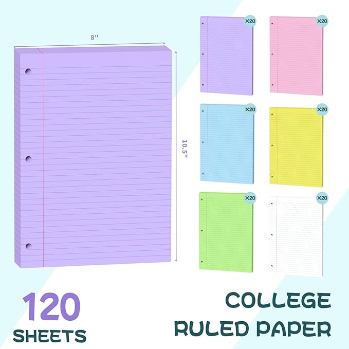 Loose Leaf Paper 8" x 10.5" Colored Filler Paper 120 Sheets 3 Hole Punched Lined Paper 8 X 10.5 College Ruled Notebook Paper for 3-Ring Binders Notepad Writing Note Pads for Home,Office,School Supplie