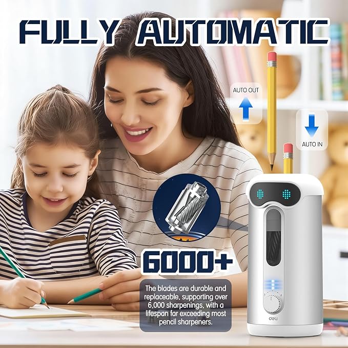 deli Electric Pencil Sharpener, Fully Automatic Pencil Sharpener for 7-11mm Colored/Jumbo Pencils, Auto in & Out, Rechargeable Hands-Free Pencil Sharpener for Classroom Home Office, Low Noise, Silver
