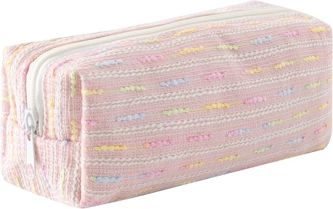 Cute Striped Pencil Case for Girls Large Capacity Aesthetic Pen Pouch with Zipper Stationery Organizer Bag for School Office Durable Pencil Box for Teens Students Women Kids (Square-Pink)