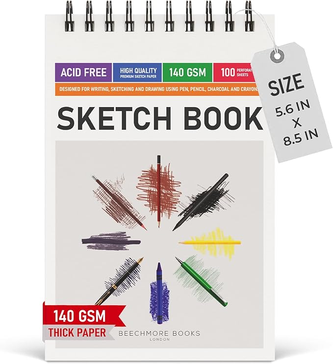 BEECHMORE BOOKS 5.6"x8.5" Spiral Sketchbook – 140 GSM Acid-Free Paper, 100 Perforated Pages, A5 Art Sketch Pad for Drawing & Sketching, Artists, Adults