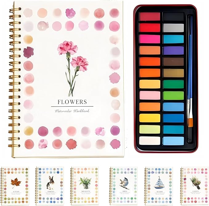 Watercolor Workbook - Coloring Book Beginner Friendly Painting Kit, Watercolor Workbooks for Adults with 24 Colors Paint, Exploration Gift for Adults Teens (Rose)